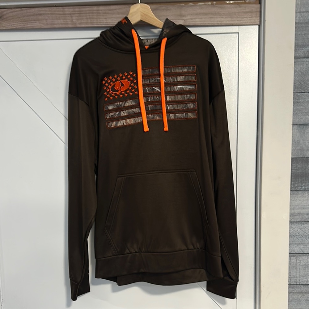 Mossy Oak Real American Brown Performance Hoodie with Orange Accents